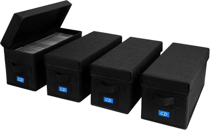 BOATISLE CD Case Holder with Handles and Lid – CD Storage Box with External Label Slots, Easy-to-Move Organizer Case for Efficient Media Storage,4Pack-Black - Image 1